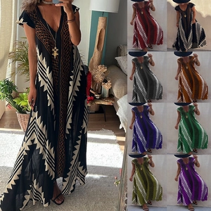 Robe Maxi Bohème Ethnique Imprimé Géométrique Col en V Manches Courtes Femmes Ample Décontracté Vacances Plage Fête Robe Swing