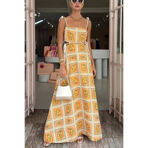 Women summer drawstring long dress with orange lemon print and waist cut-out detail