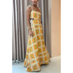 Orange summer dress with lemon prints and waist drawstring detail in a relaxed A-line fit