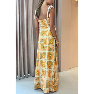 Tropical orange maxi dress with lemon print and white rope tie shoulder straps