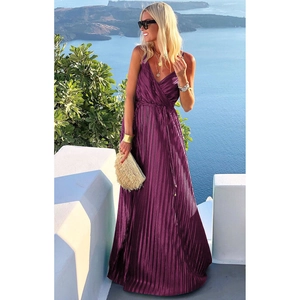 Elegant purple pleated maxi dress with deep V-neck and thin straps for summer beach vacation
