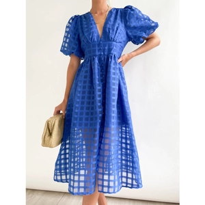 Fashionable dark blue puff sleeve midi dress with V-neck and sheer plaid texture