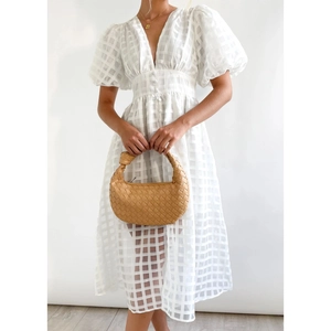 Fashionable white puff sleeve V-neck midi dress with checkered texture and button waist