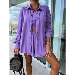 Ensemble décontracté 3 pièces violet pour femme avec chemise, bustier et short
