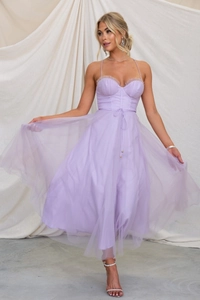 Detail view of light purple mesh dress with corset bodice and adjustable drawstrings