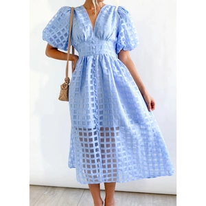Light blue midi dress with lantern sleeves and textured checkered fabric for women