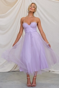 Detailed corset style lilac mesh tulle dress with delicate drawstring waist and tiered skirt