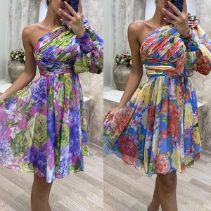 Floral print one-shoulder chiffon mini dress with pleated waist and long sleeve