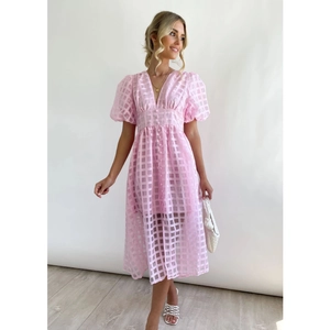 Chic pink plaid lantern sleeve midi dress with deep V-neck and decorative buttons