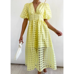 Chic yellow plaid lantern sleeve midi dress with V-neck and front buttons for women