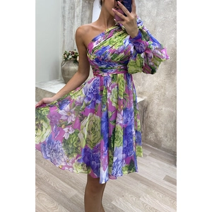 Elegant one-shoulder floral print chiffon dress with cinched waist and pleated ruffle skirt