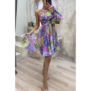 Chic floral one-shoulder mini dress with long lantern sleeve and cinched waistline