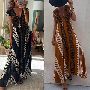 Robe longue bohème à col en V avec imprimé géométrique ethnique et jupe longue décontractée
