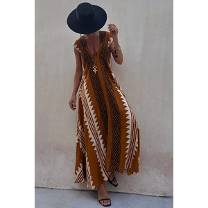 Robe longue bohème sans manches à imprimé géométrique marron et orange pour plage