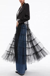 Detail view of stylish black satin blazer dress with multi-layered mesh tulle skirt