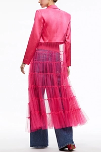 Detail view of fuchsia satin blazer dress with multi-layered tulle hem and tiered design
