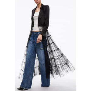 Fashionable black blazer dress with layered mesh skirt and long sleeves for women