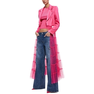 Fashionable magenta satin blazer dress with long pink layered tulle and denim jeans