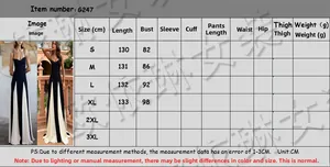 Detailed size guide table with measurements for contrast color strap maxi dress