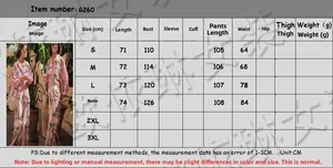 Detailed size chart with measurements for the long sleeve printed casual two-piece set