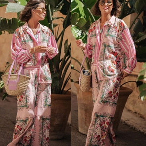 Women casual long sleeve printed two-piece set featuring floral patterns and wide trousers