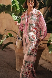Detailed view of the pink satin floral printed shirt and matching trousers for women