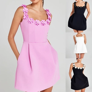 Women Summer 3D Floral Applique Mini Dress Sleeveless Square Neck A-Line Casual Party Dress With Pockets Polyester