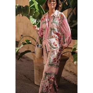 Women's 2-piece pink floral satin set with long-sleeve shirt and wide-leg pants