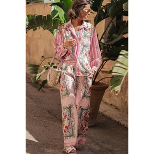 Pink printed two-piece leisure set with long sleeve shirt and wide leg trousers for vacation