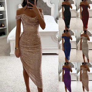 Glitzerndes schulterfreies Paillettenkleid mit Raffung und hohem Schlitz für Damen