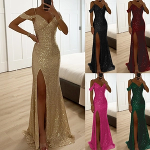 Robe Maxi à Paillettes pour Femme Col en V Épaules Dénudées Sans Manches Fendue Haute Robe de Soirée Banquet Fête Formelle Ajustée