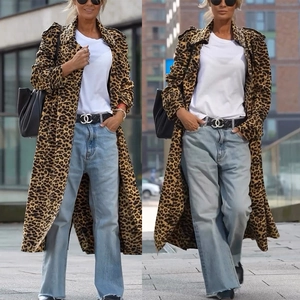 Damen Leopardenmuster Trenchcoat Langarm Reverskragen Offen Gürtel Locker Lang Mantel Casual Fashion Streetwear
