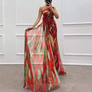 Elegantes Ein-Schulter Maxikleid aus Chiffon mit abstraktem Muster und rotem Federdetail