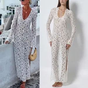 Abito Lungo da Donna in Pizzo Bianco all'Uncinetto con Scollo a V Manica Lunga Spacco Boemo Hollow Out Copricostume da Spiaggia