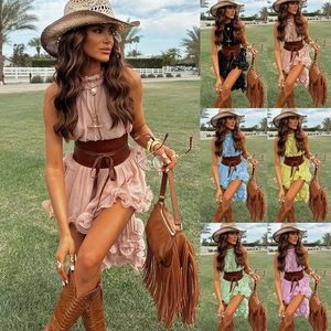 Detail showing various colors of sleeveless ruffle dresses with stylish waist belts