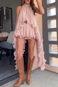Pink chiffon two-piece set with ruffled halter top and shorts for vacation wear