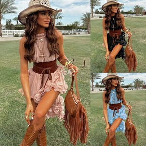 Women Bohemian Ruffle Halter Sleeveless Chiffon Top And Tiered Short Skirt Outfits Western Style Summer Vacation Clothing