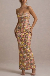 Detail of sequin mesh floral embroidery on a slim fit maxi dress with delicate straps