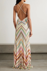 Detail showing the colorful chevron knit pattern and open back design of the maxi dress