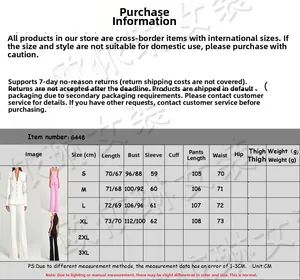 Detailed size chart for women's three-piece suit set with pants and blazer dimensions