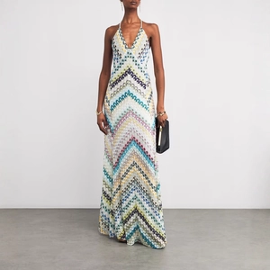 Slim fit halter neck maxi dress featuring vibrant chevron print and elegant V-neckline