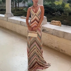 Bohemian V-neck knit maxi dress with vibrant multi-color chevron patterns for summer vacation