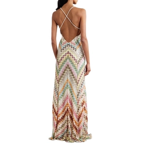 Slim fit backless halter maxi dress featuring colorful chevron prints and crisscross straps