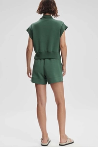 Rear view of dark green short-sleeved sweatshirt and matching shorts two-piece set