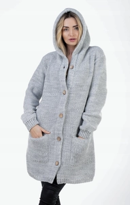 Detail of grey hooded knit cardigan showing ribbed cuffs and large patch pockets