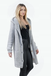Detail of grey chunky knit cardigan with large round wooden buttons and ribbed texture