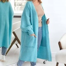 Detail of lake blue long knit cardigan with drop shoulders and large front pockets