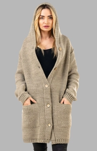 Detail of khaki cable knit cardigan with wooden buttons and cozy hooded design