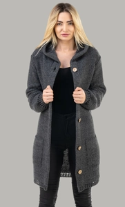 Detailed knit texture of dark grey hooded cardigan with large wooden buttons and pockets
