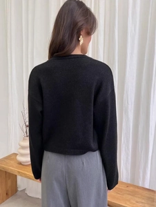 Detail view of black knit sweater back featuring dropped shoulders and soft texture